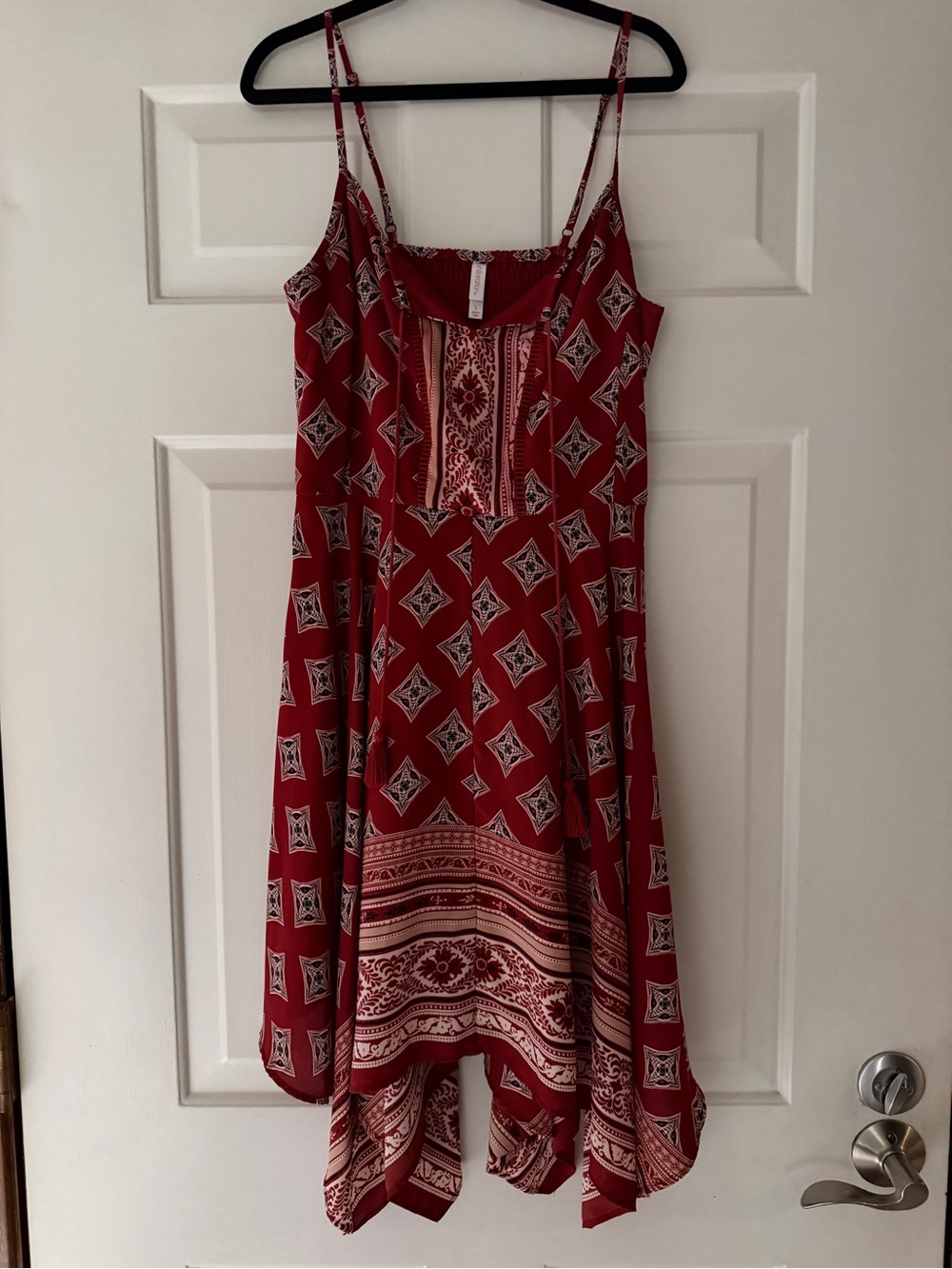 Xhilaration Red Patterned Asymmetrical Handkerchief-Hem Dress
